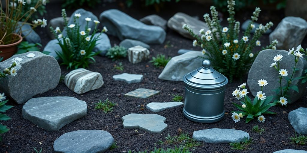 Peaceful pet cremation garden with urn and flowers.