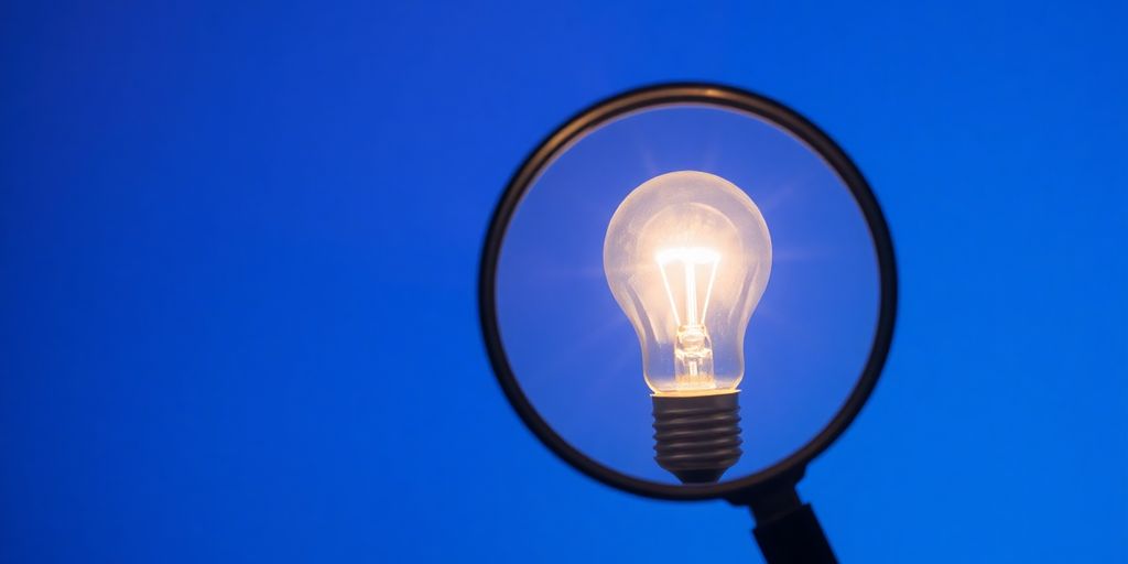 A magnifying glass examining a small, glowing lightbulb.
