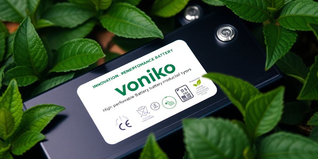 Eco-friendly battery with green leaves, representing sustainability.