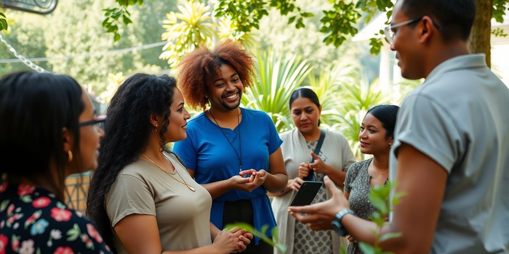 Group of people discussing in a green outdoor space.