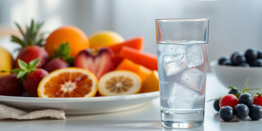 Fresh fruits and a glass of water promoting mindful drinking.