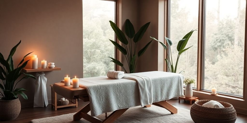 Luxurious spa retreat with calming ambiance and massage setup.