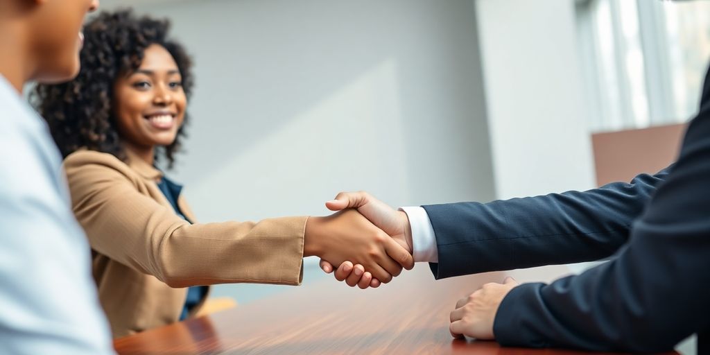 Young person confidently shaking hands in a bright office.