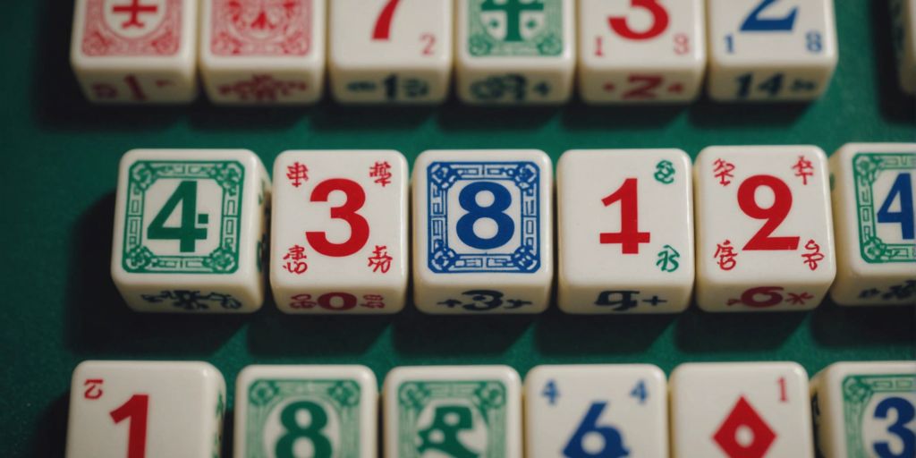 Close-up of Mahjong tiles with numbers, arranged in a visually appealing pattern.
