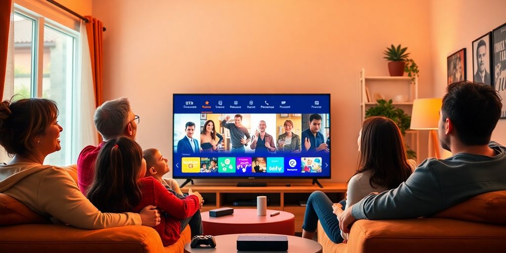 Family streaming on TV in a cozy living room.