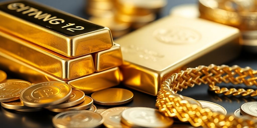 Lingotes de oro brillantes, monedas y joyas.