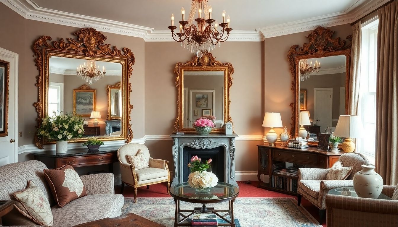 Vintage living room with ornate antique mirrors.