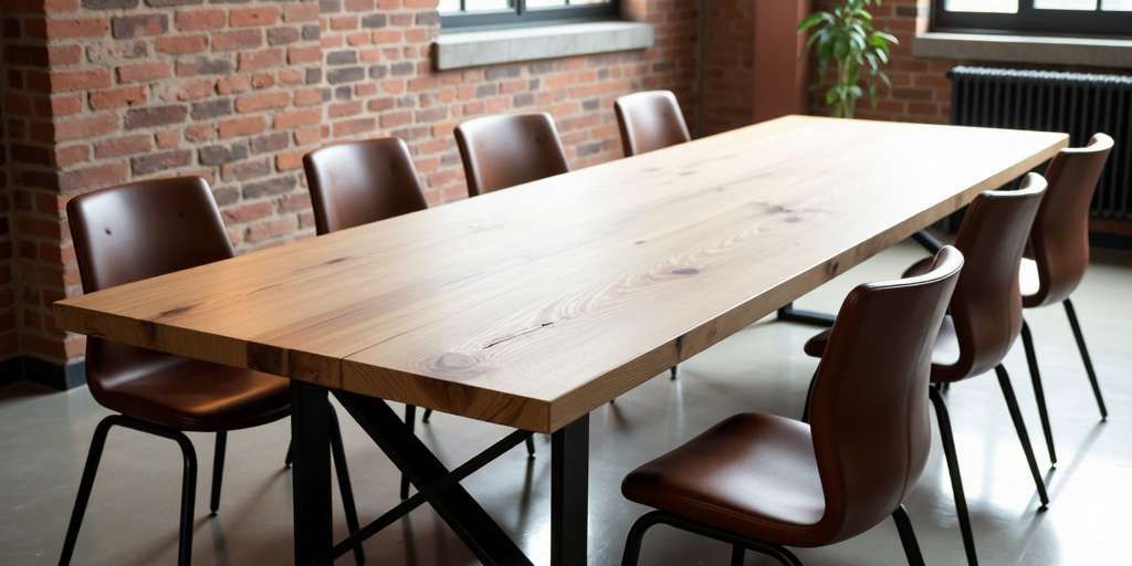 Modern meeting room with a large wooden table and chairs.