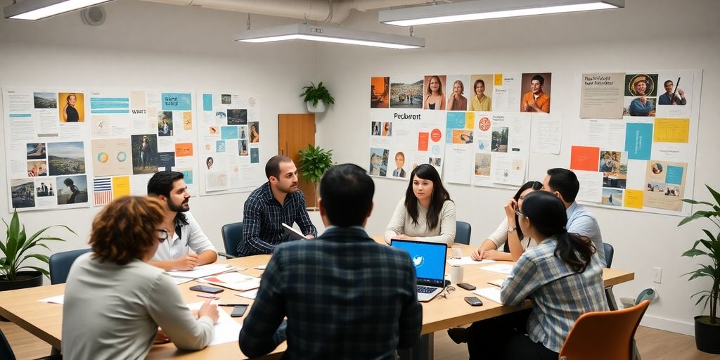 Equipe diversificada em sessão de brainstorming criativo.