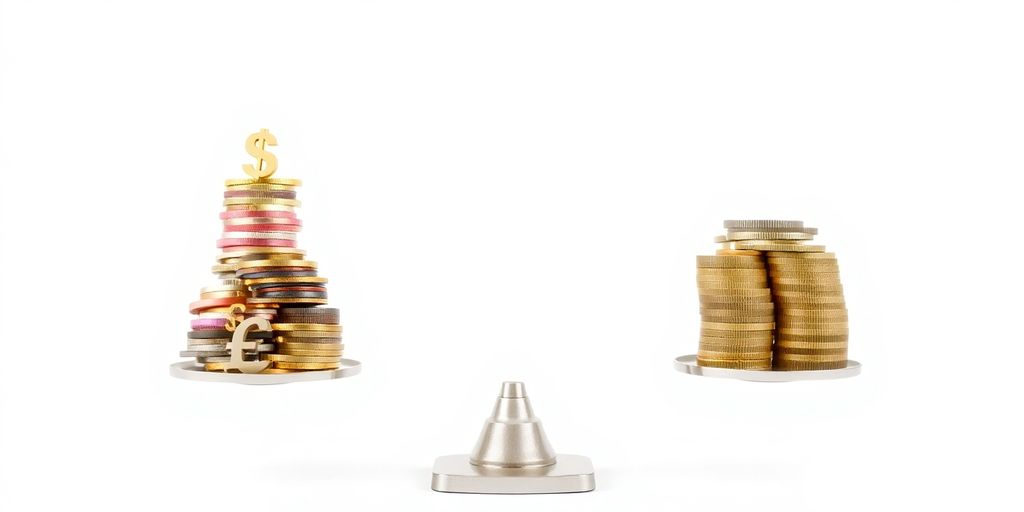 Currency symbols balancing on scales.