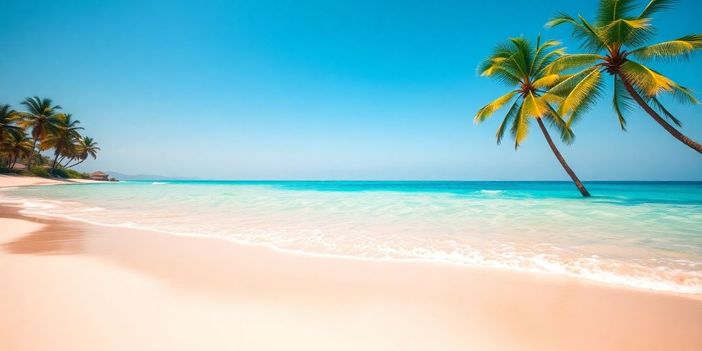 Sunny beach with palm trees and blue ocean.
