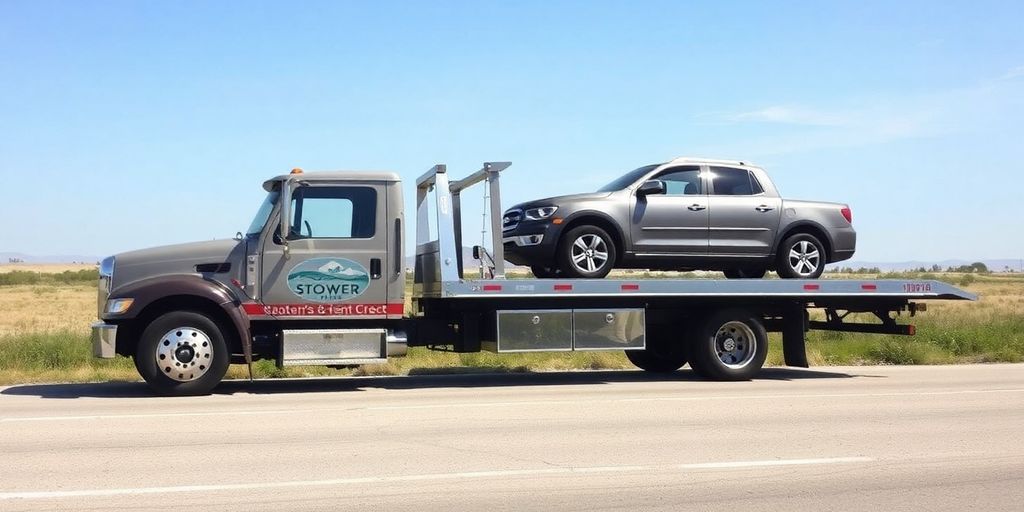 Flatbed tow truck with vehicle loaded on its bed.