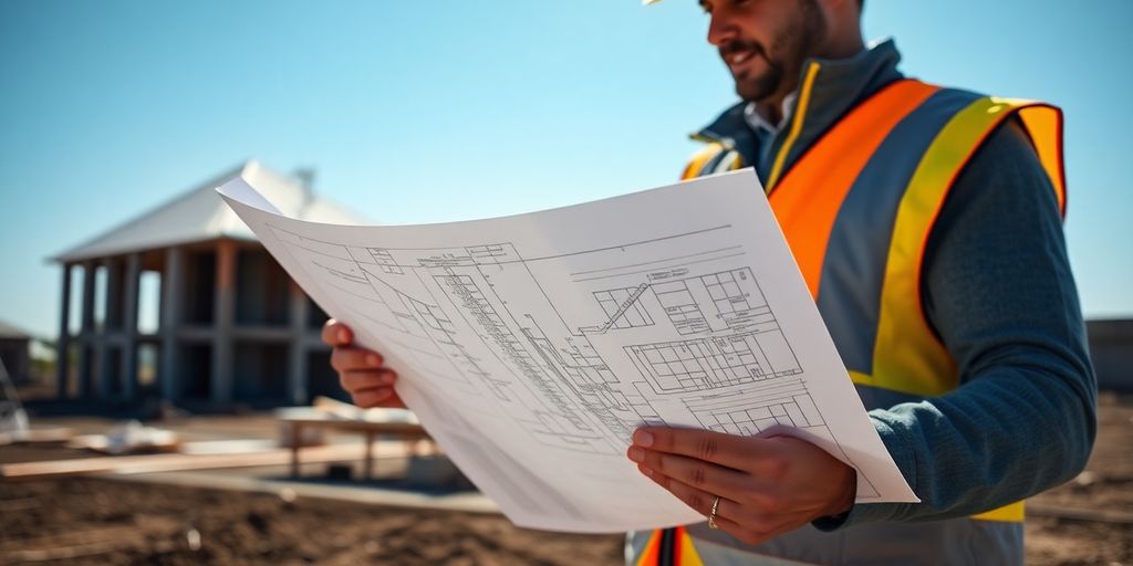 Construction manager reviewing blueprints on site.