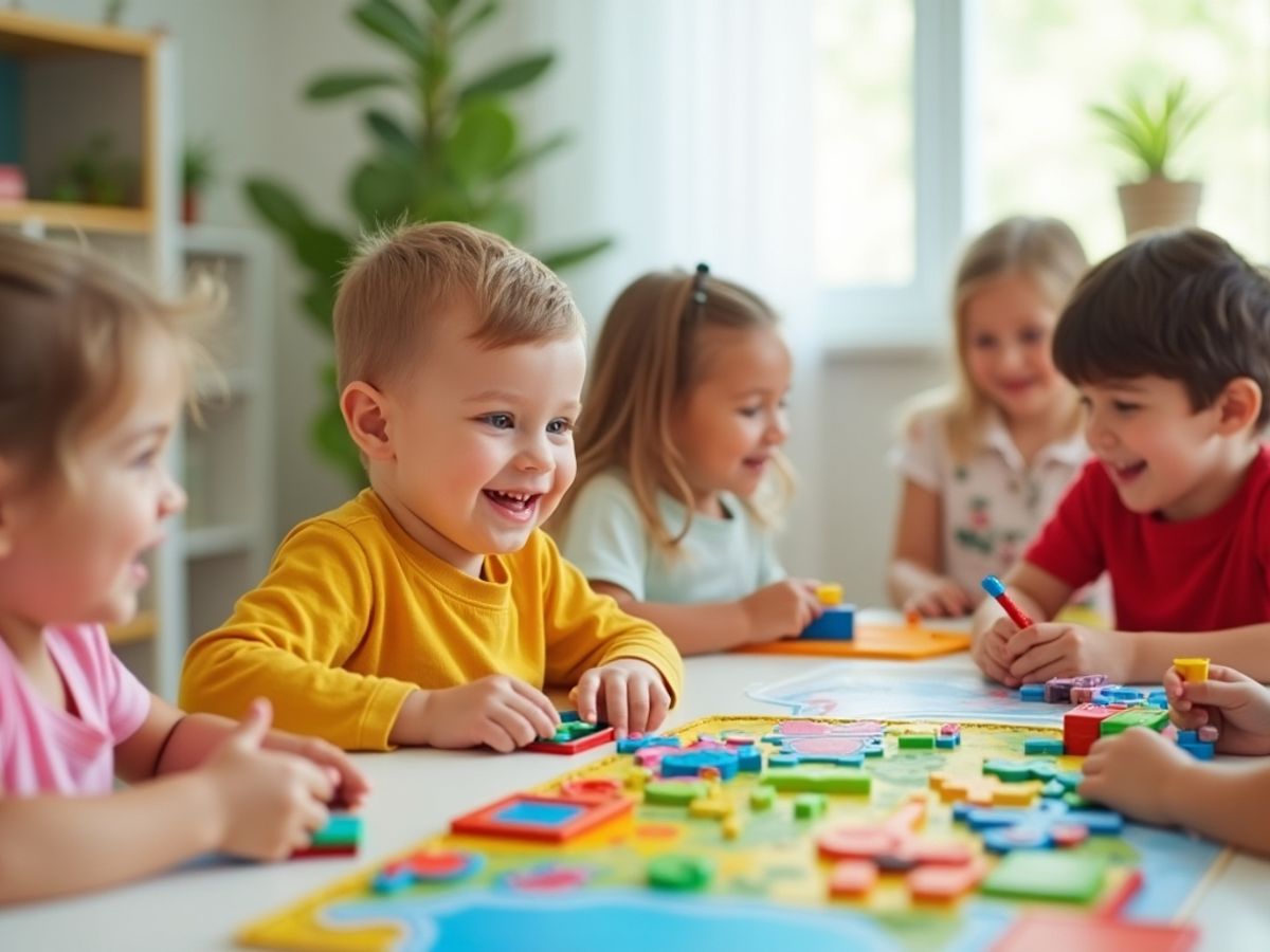 Copii jucându-se jocuri educative într-un mediu colorat.