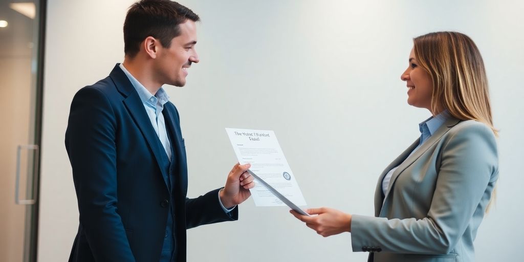 Zeitarbeit und Ausbildung: Welche Möglichkeiten bestehen für Azubis und Arbeitgeber? Zwei Personen im Gespräch, eine hält ein Zertifikat, blaue Akzente.