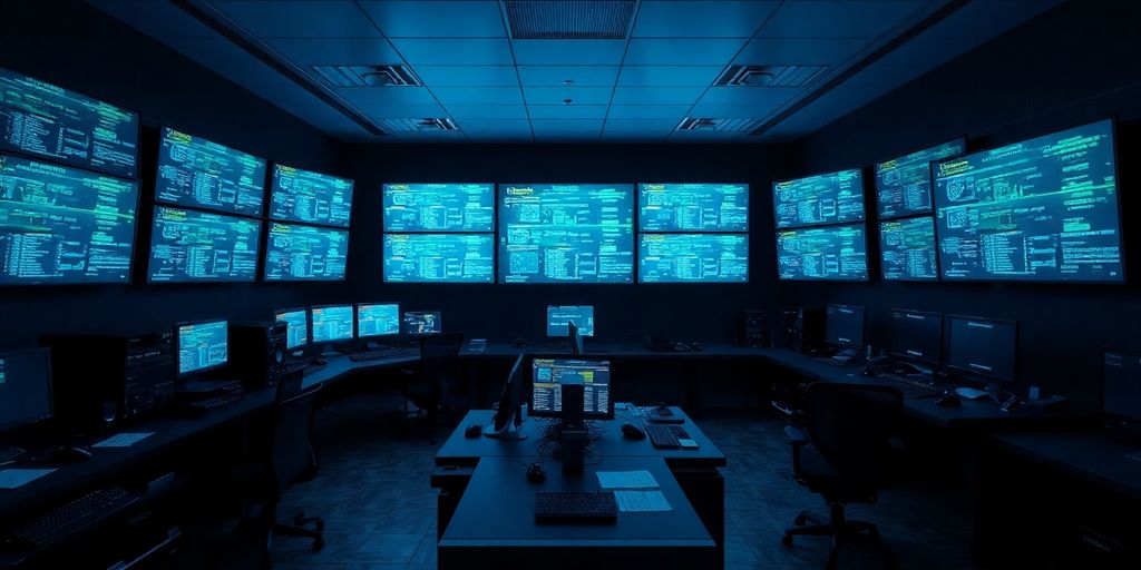A high-tech security operation centre with multiple glowing monitors.