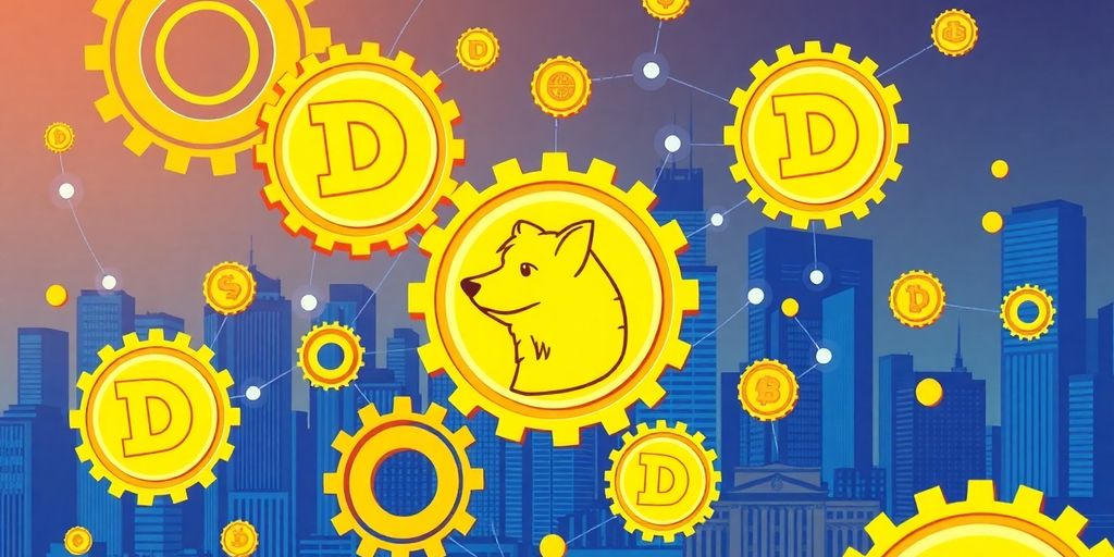 Dogecoin coins with gears in a modern city backdrop.