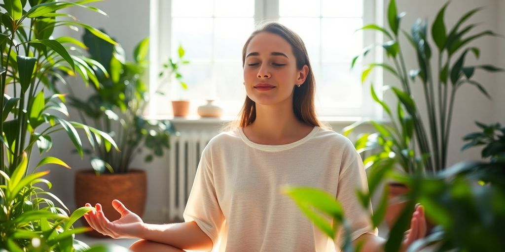 Persona meditando en un ambiente sereno y luminoso.