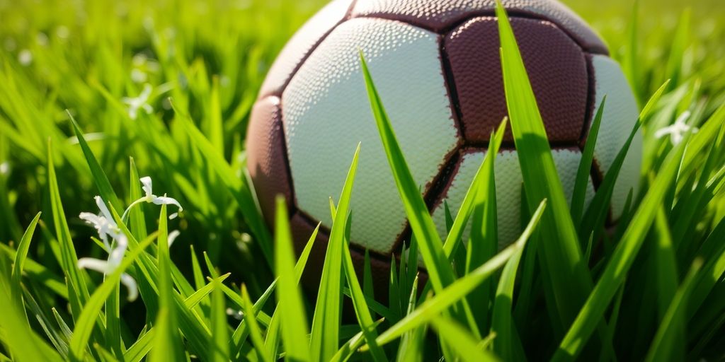 ลูกฟุตบอลและใบไม้สีเขียวในสนาม.