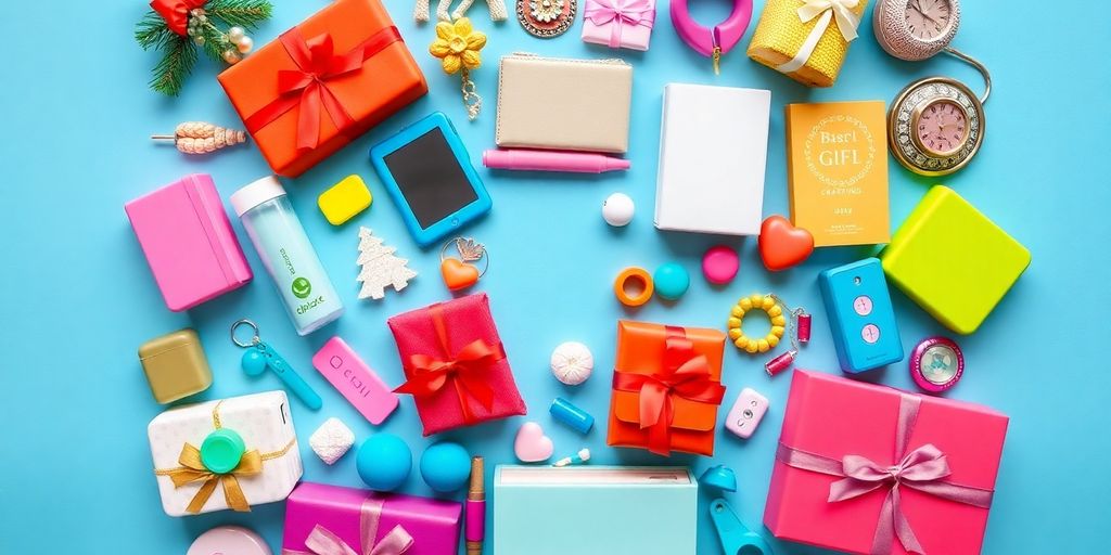 Flat lay of budget-friendly gift items in various colors.