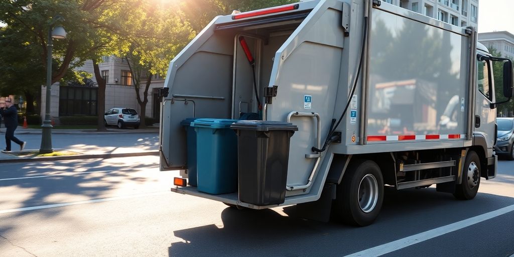 Brightly colored garbage trucks parked neatly.