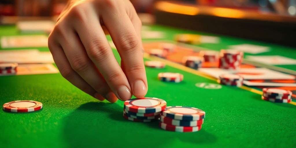 Winning chips and cards on a green felt table.