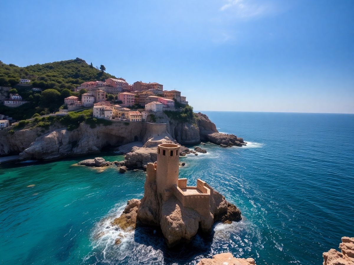 Rugged coastline with turquoise water and a medieval village.