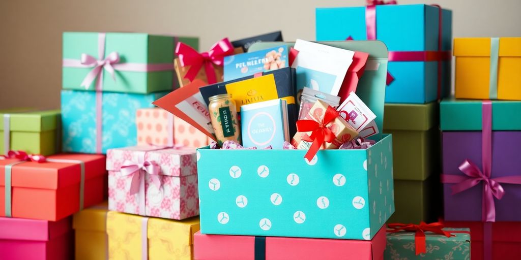 Colorful subscription boxes with trendy items and decorations.