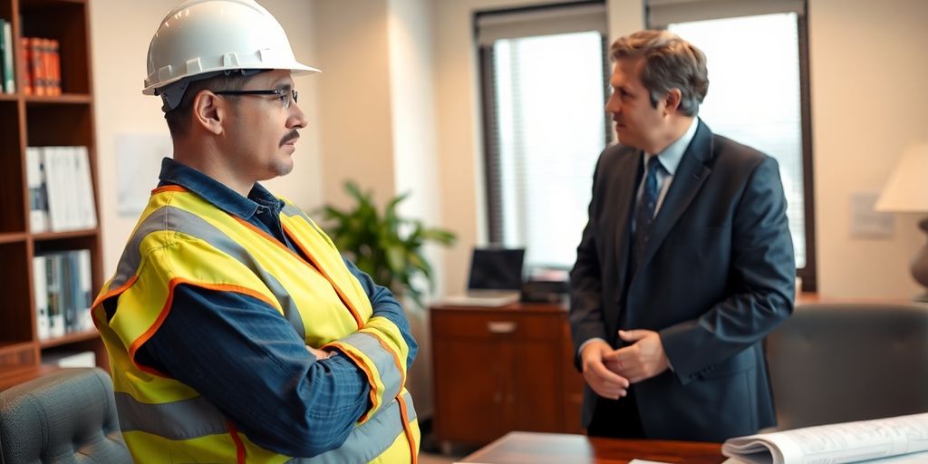 Construction worker consulting with a lawyer in an office.