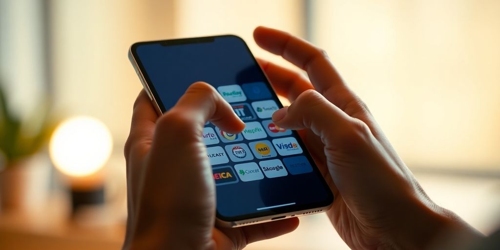 Person holding a smartphone, looking at investment options.