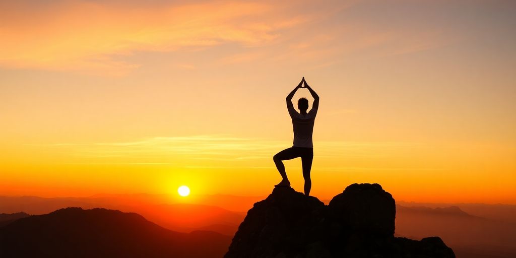 Person practicing yoga on a mountain at sunrise.