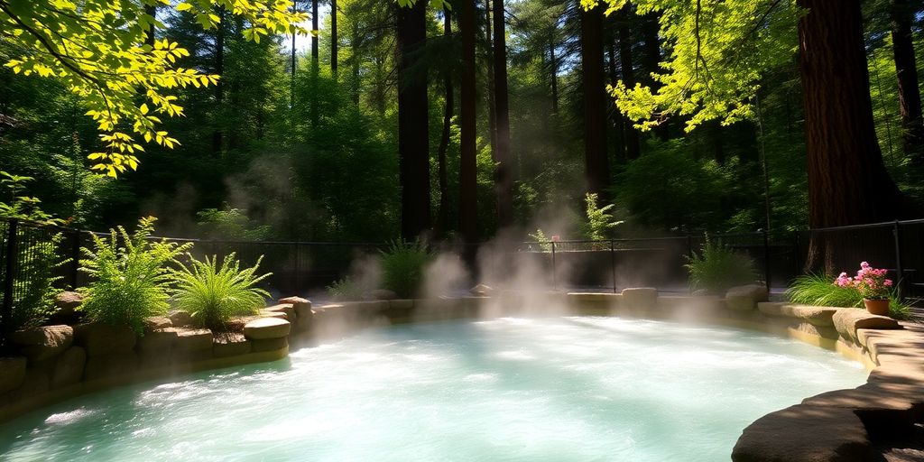 Tranquil hot springs pool surrounded by lush greenery; Glen Ivy.