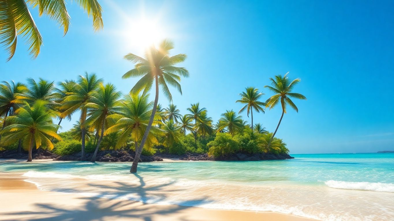 Tropical island with vibrant palm trees and a clear ocean.