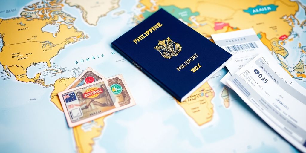 Passport, money, and plane ticket on a map.
