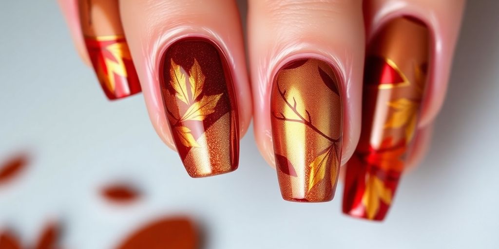 Unhas cromadas e metalizadas com temas de outono.