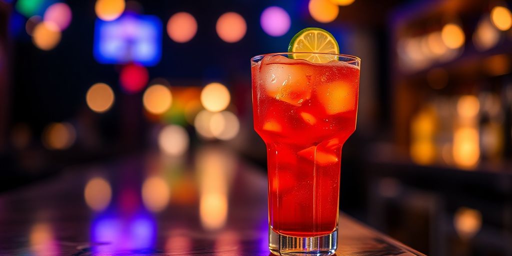 Cocktail glass with blurred bar lights in background.