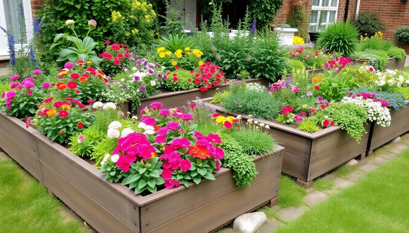 Colourful raised garden beds in a London home.