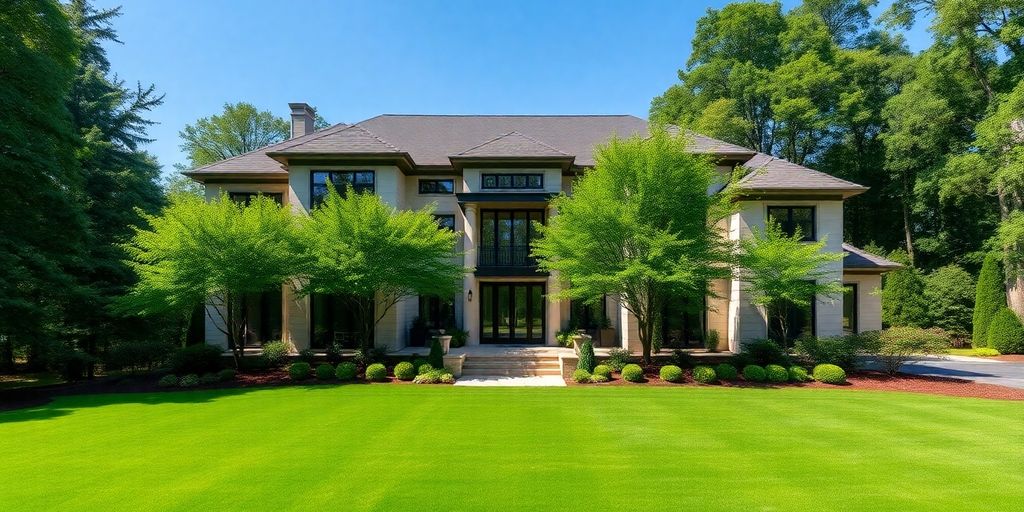 Luxurious custom home exterior with manicured landscaping.