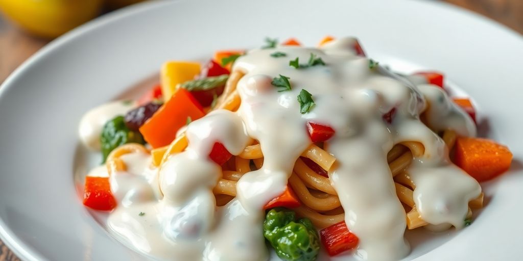 Creamy milk-based sauce on pasta and vegetables.