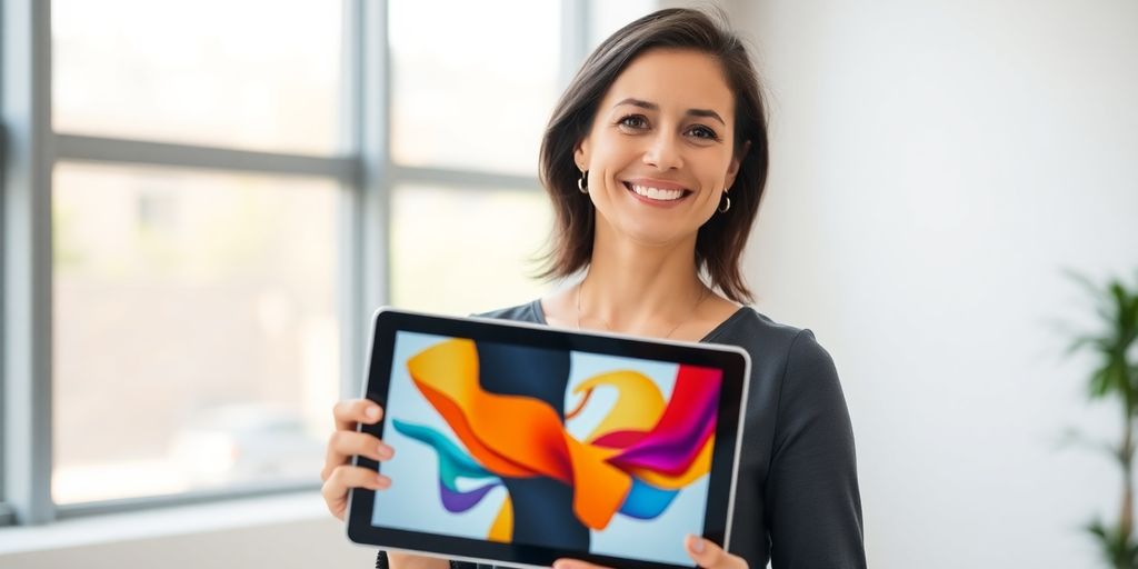 Nonprofit leader holds tablet, smiling.