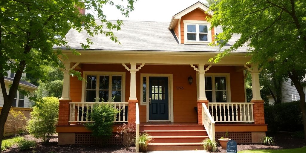 Charming raised bungalow with lush landscaping and inviting porch.