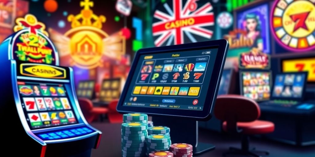 Colourful online casino games illustration with digital elements.