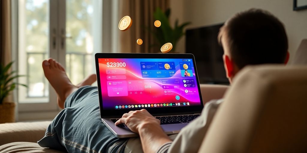 Person earning money from laptop at home.