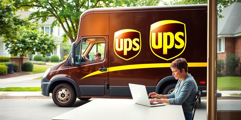 UPS delivery truck, laptop, person working remotely