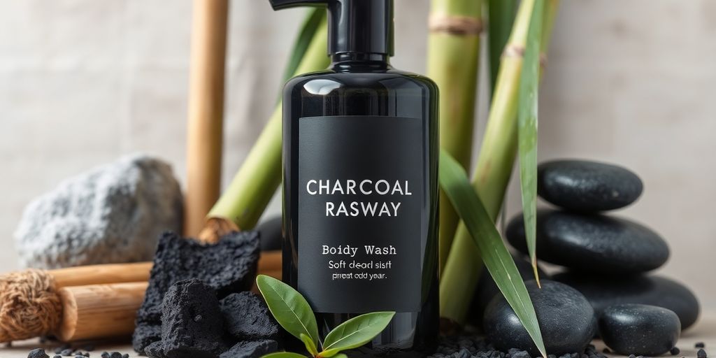 Charcoal body wash bottle with bamboo and stones.