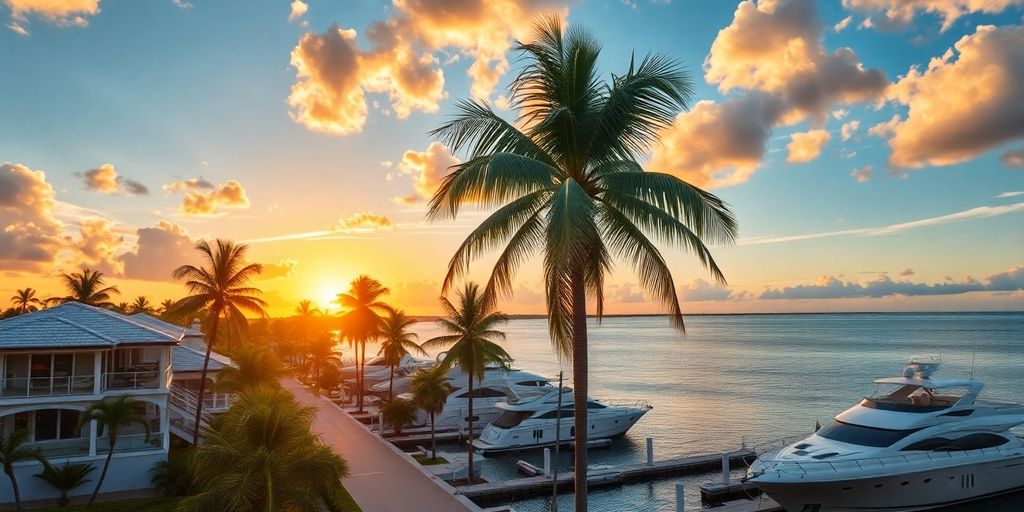 Luxurious waterfront properties in Boca Raton at sunset.