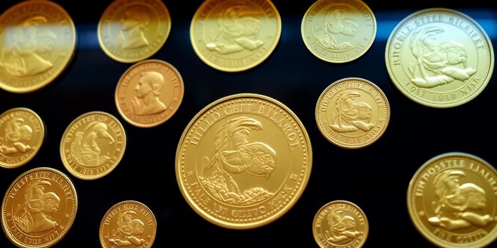 Collection de pièces d'or commémoratives bien alignées.