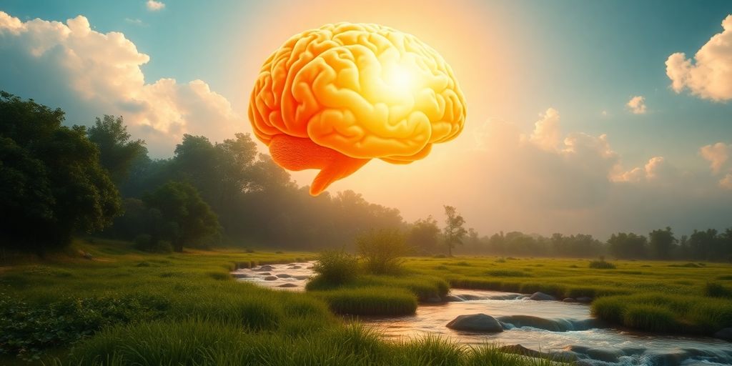 Glowing brain above a lush landscape representing abundance.