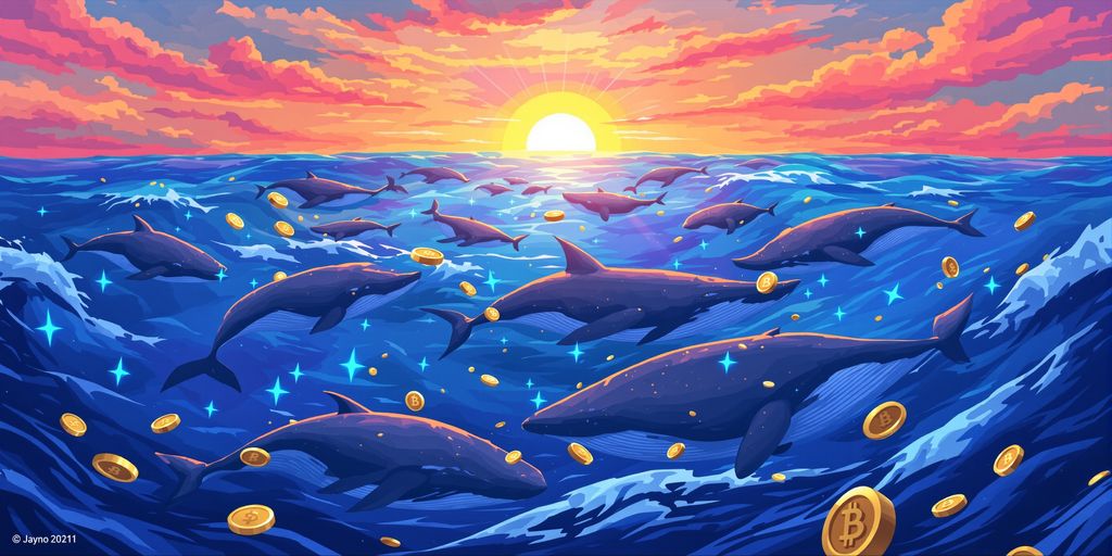 Ethereum whales swimming through digital currency toward bright light.