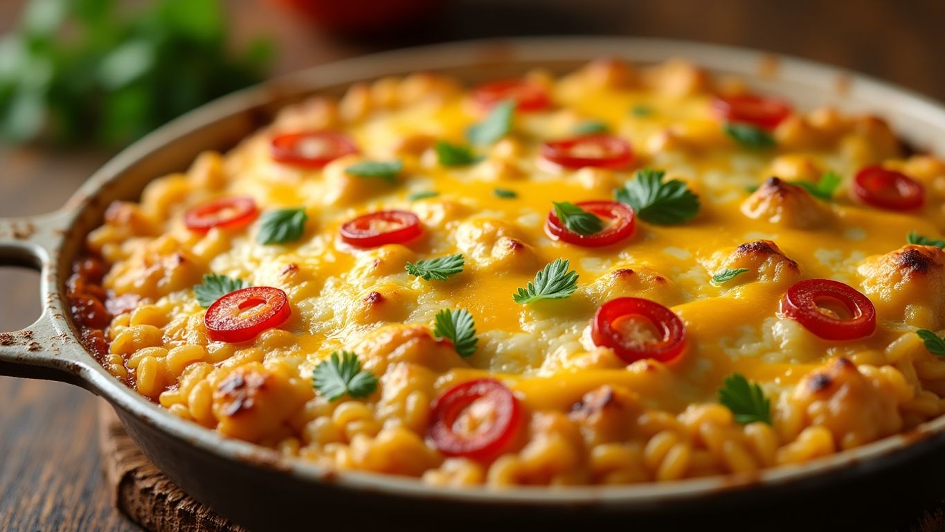 Arroz de forno com cobertura dourada e colorida.